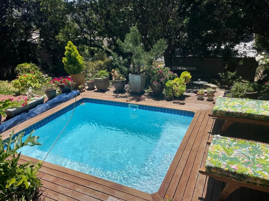 Rectangular swimming pool with wooden deck surrounded by potted plants and loungers