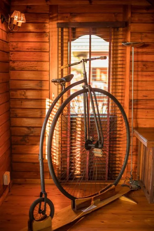 Vintage penny-farthing bicycle displayed indoors against wooden walls