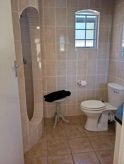 Spacious bathroom with walk-in shower, toilet, and window overlooking garden
