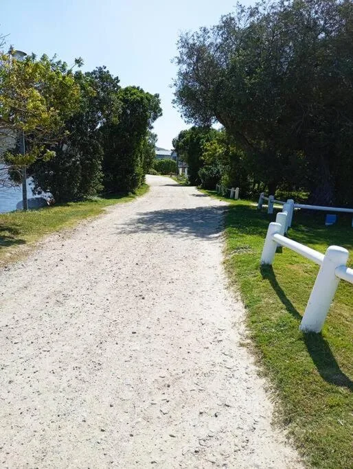 Gravel driveway lined with white railings and mature trees leading to property