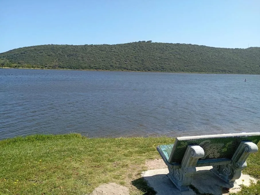 Scenic lagoon view with forested hills and viewing scope from property