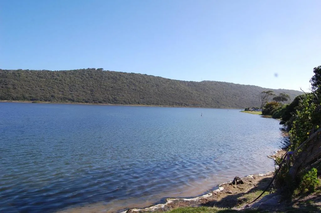 Scenic lagoon view with forested mountains and clear blue water