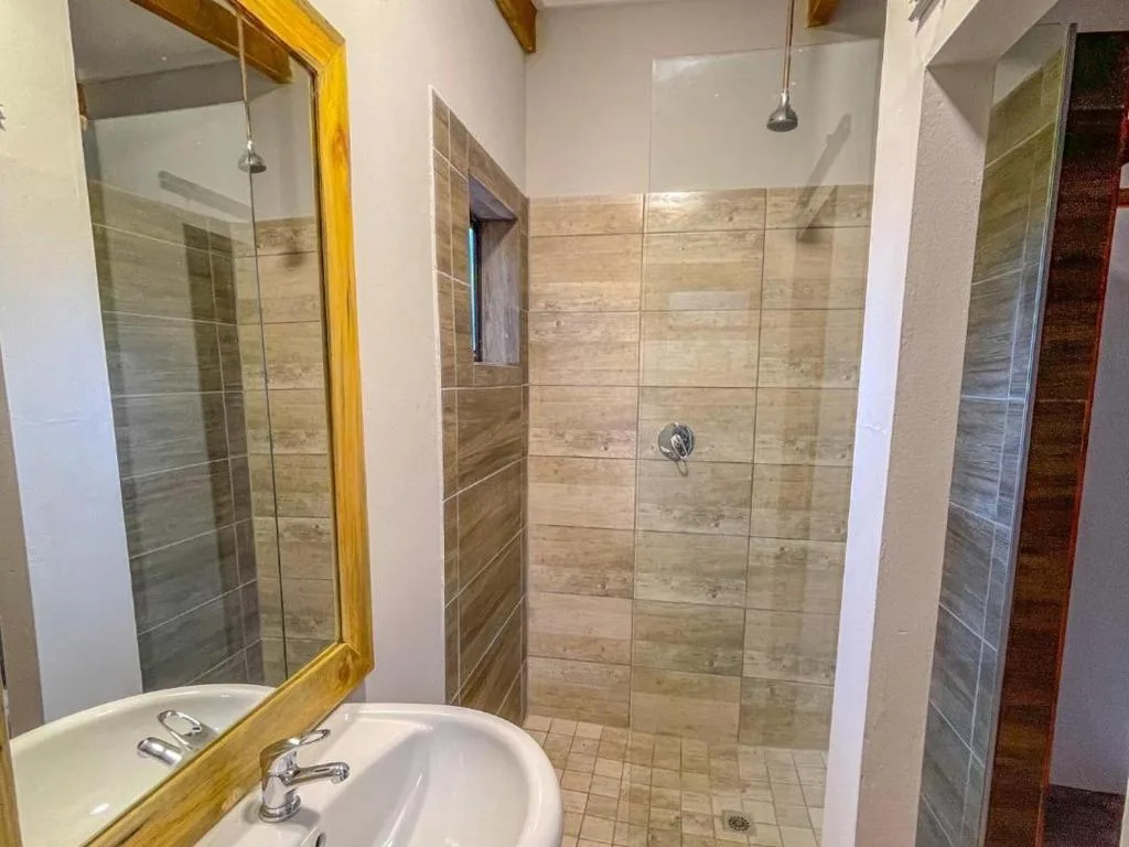 Modern bathroom with walk-in shower, wooden framed mirror, and tiled surfaces