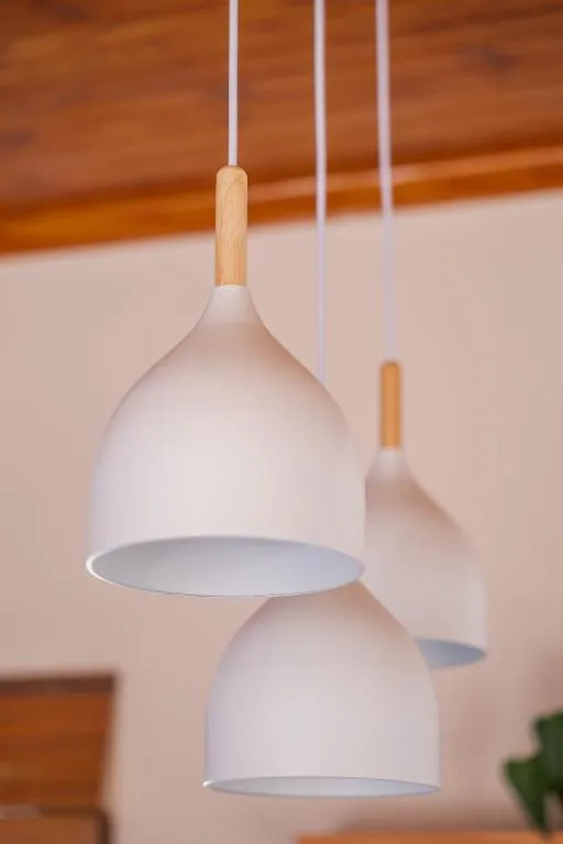 Modern pendant lights with wooden accents hanging in interior space