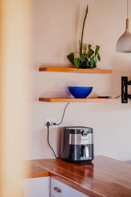 Wooden wall shelves with potted plants and blue bowl decor