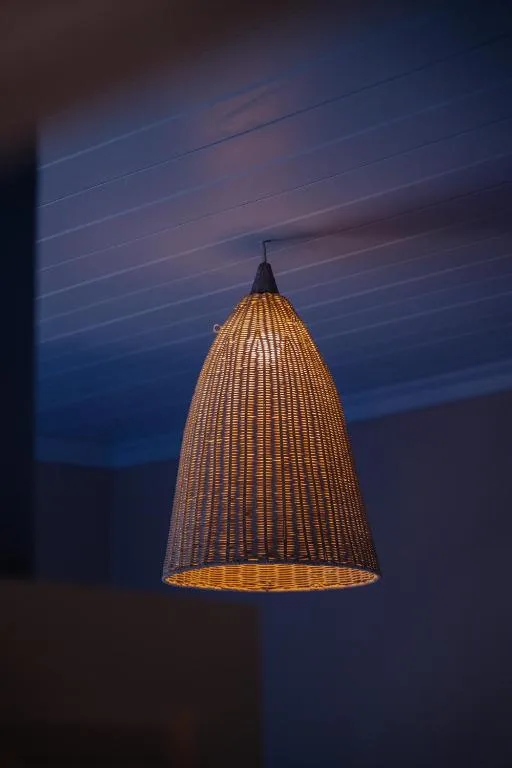 Woven pendant light fixture glowing warmly against twilight sky