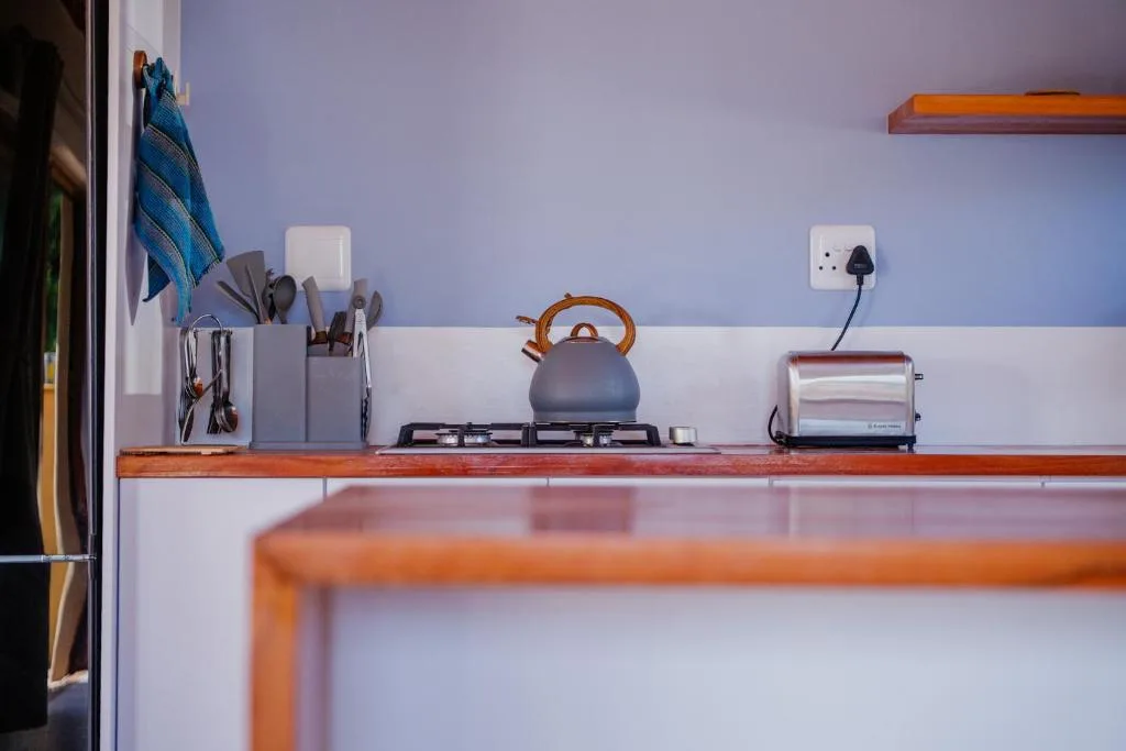 Modern kitchen with gas cooktop, kettle, toaster, and cooking utensils on wooden counter