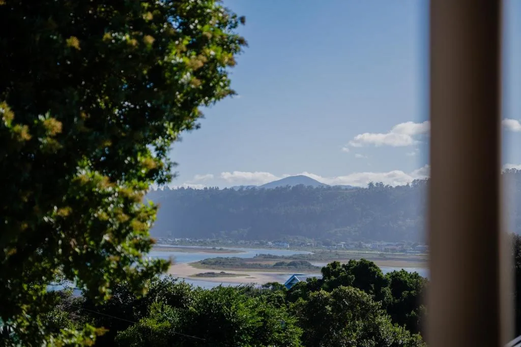 Scenic lagoon and mountain vista framed by lush green vegetation