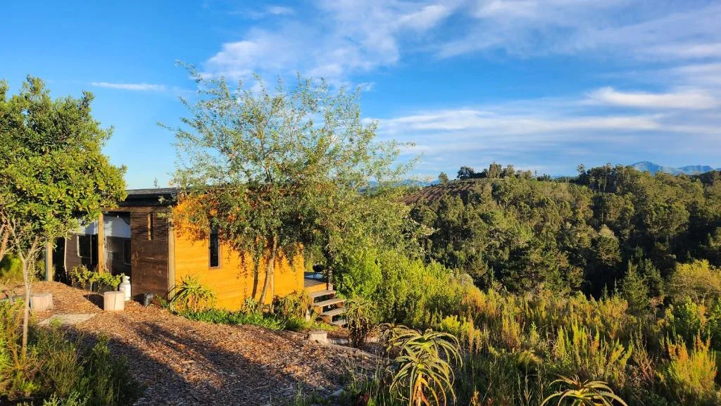 Yellow cottage with wooden accents nestled among lush garden trees