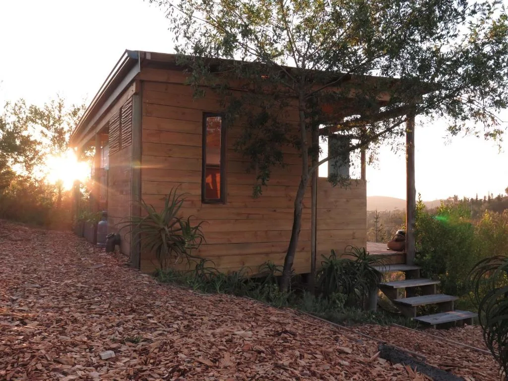 Modern wooden chalet at sunset with mountain views and garden landscape