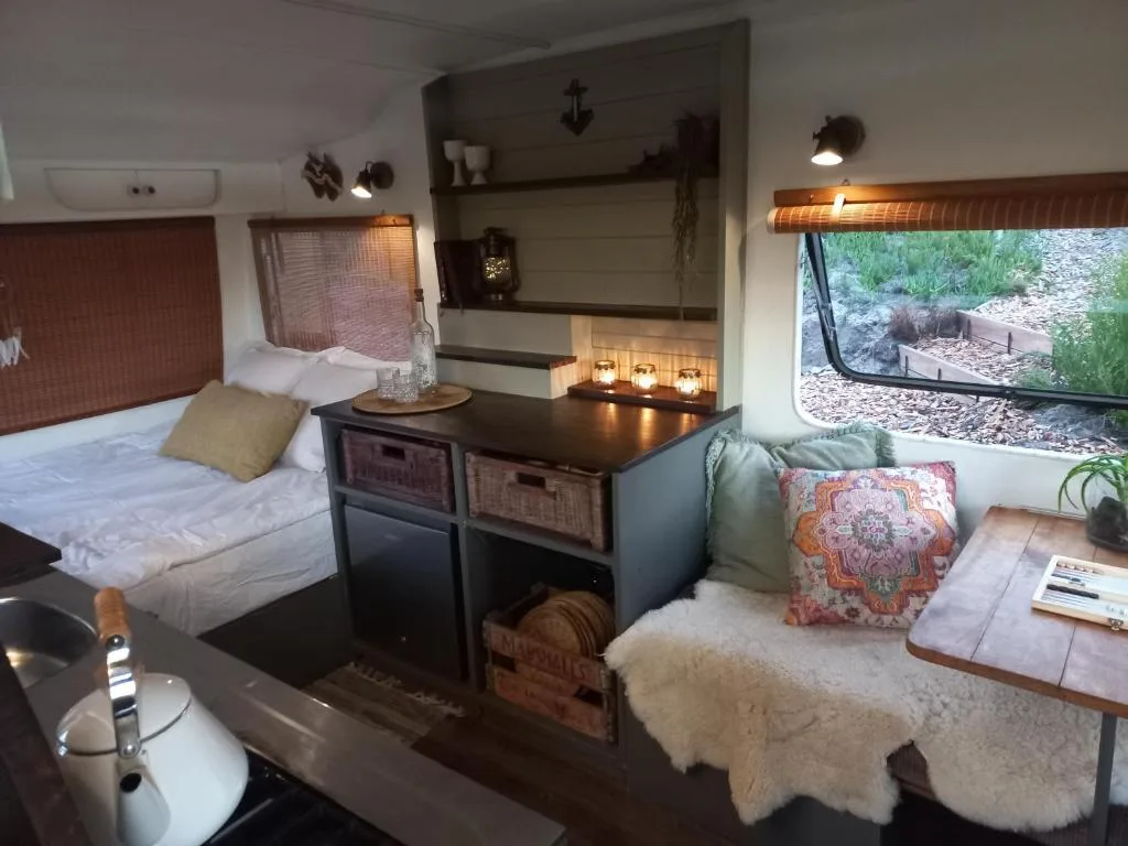 Cozy lounge area with seating, decorative pillows, and modern shelving unit