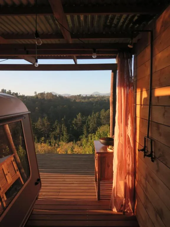 Expansive forest and mountain vista from sheltered deck at golden hour