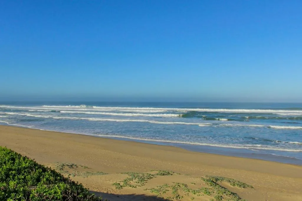 Scenic ocean beach with rolling waves and golden sand under blue sky