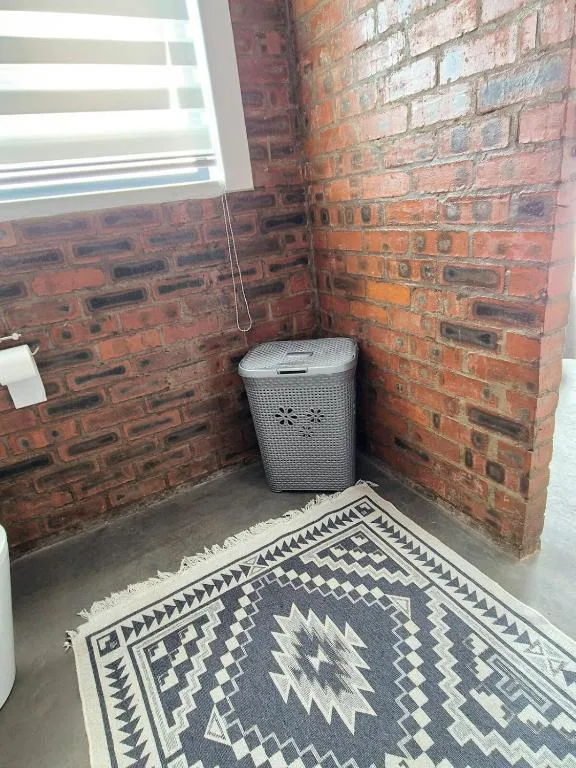 Corner laundry area with decorative geometric rug and brick walls