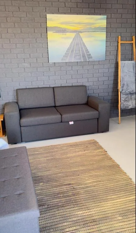 Modern gray sofa in bright living room with artwork and wooden ladder