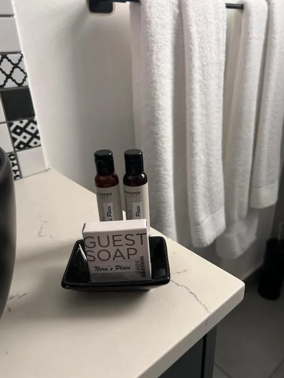 Bathroom vanity with guest toiletries and fluffy white towels displayed