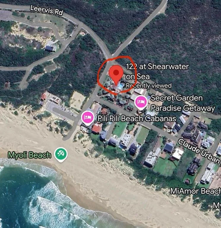 Aerial map view showing property location on Shearwater on Sea near Myoli Beach