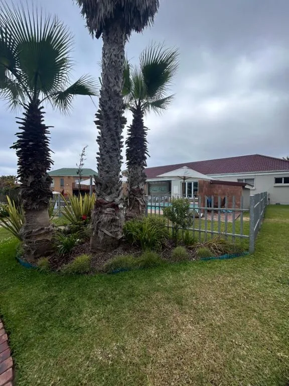Palm trees and manicured lawn in front of self-catering apartment building