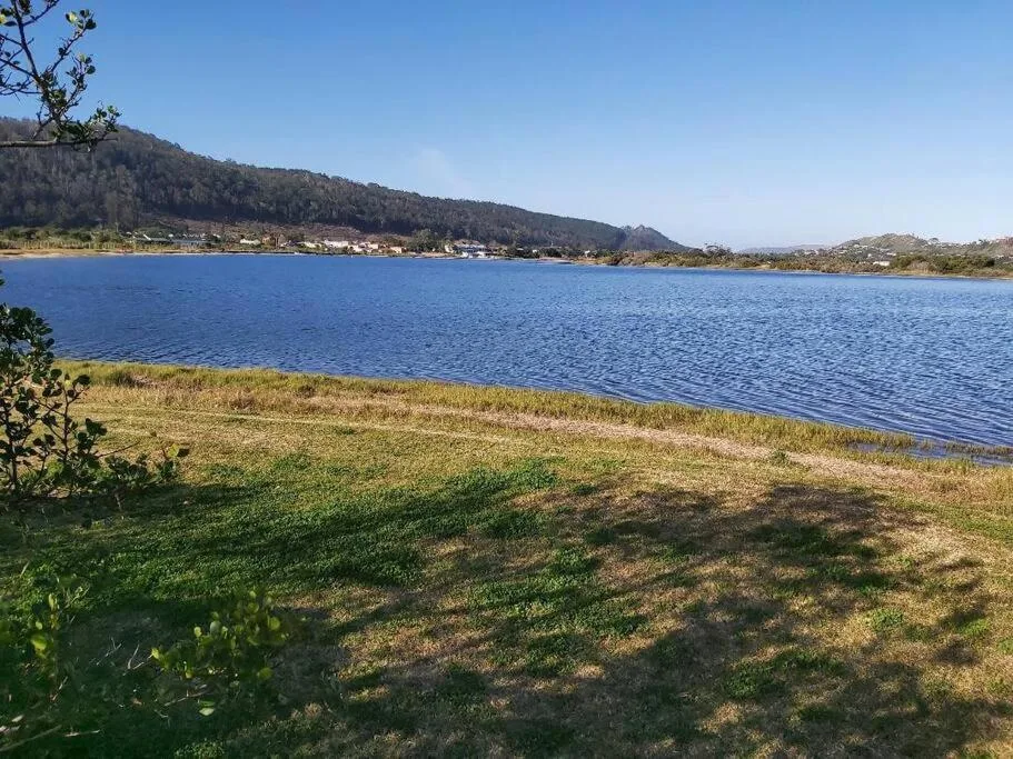 Scenic lagoon view with forested mountains and waterfront property on horizon