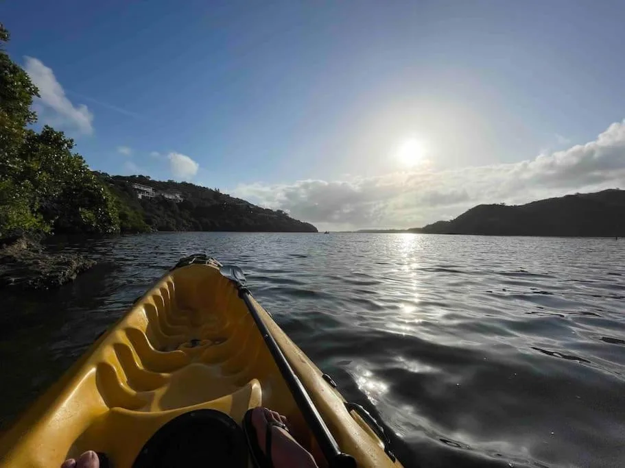 Scenic lagoon view from kayak with forested hills and sparkling water
