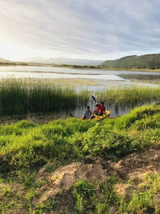 Scenic lagoon view with mountains, reeds, and people kayaking on water