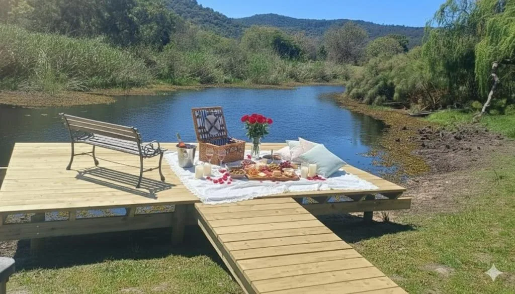 Wooden deck with picnic setup overlooking river and mountains