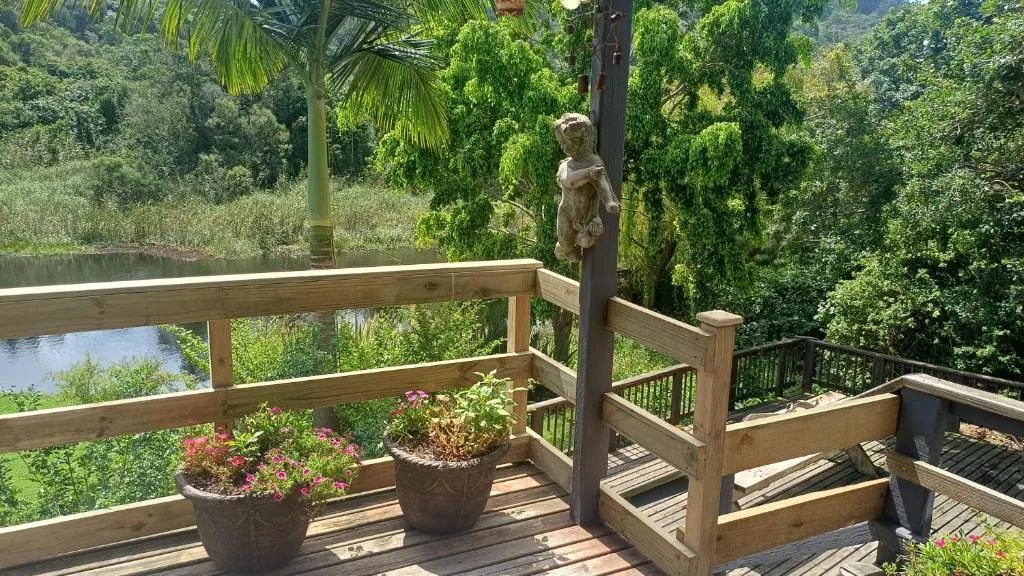Wooden deck overlooking river with lush greenery and potted flowers