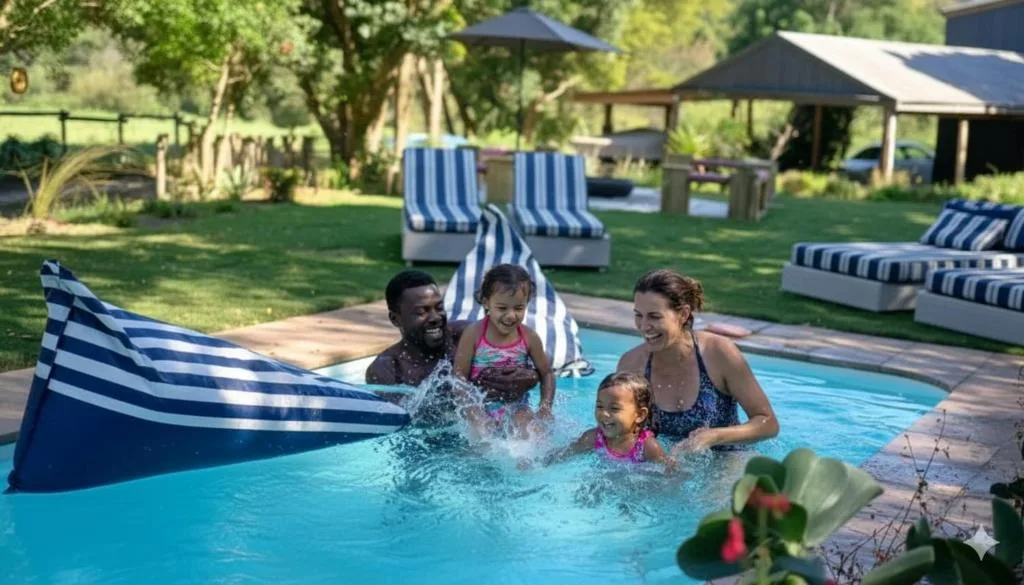 Family enjoying swimming pool with striped loungers and manicured garden