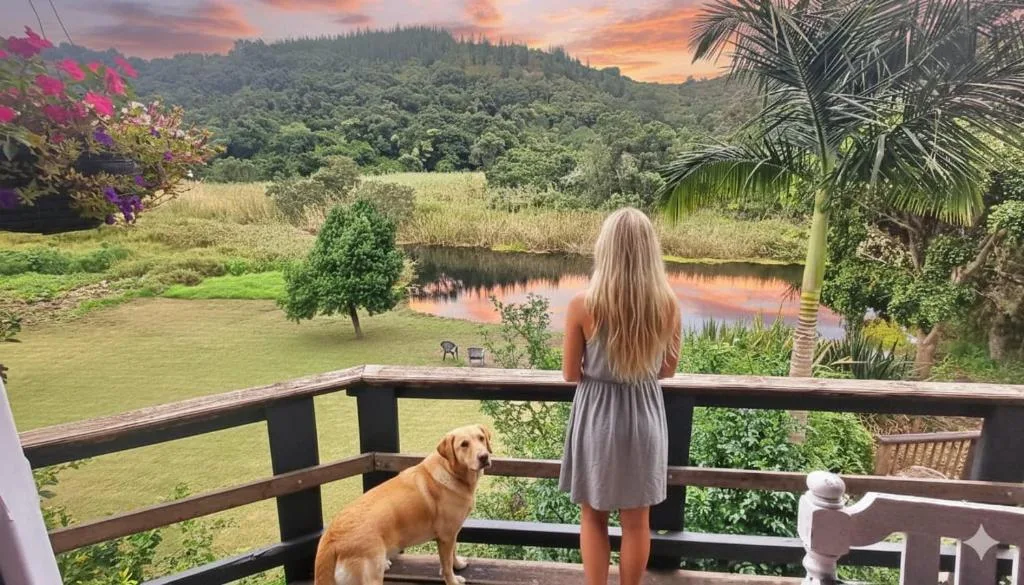 Woman and dog enjoy sunset river views from wooden deck overlooking lush gardens