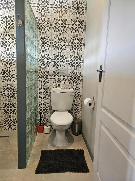 Toilet and patterned tile walls in modern bathroom with black floor mat