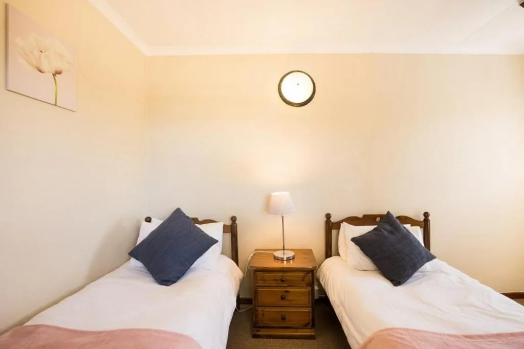 Twin beds with navy pillows and wooden nightstand between them