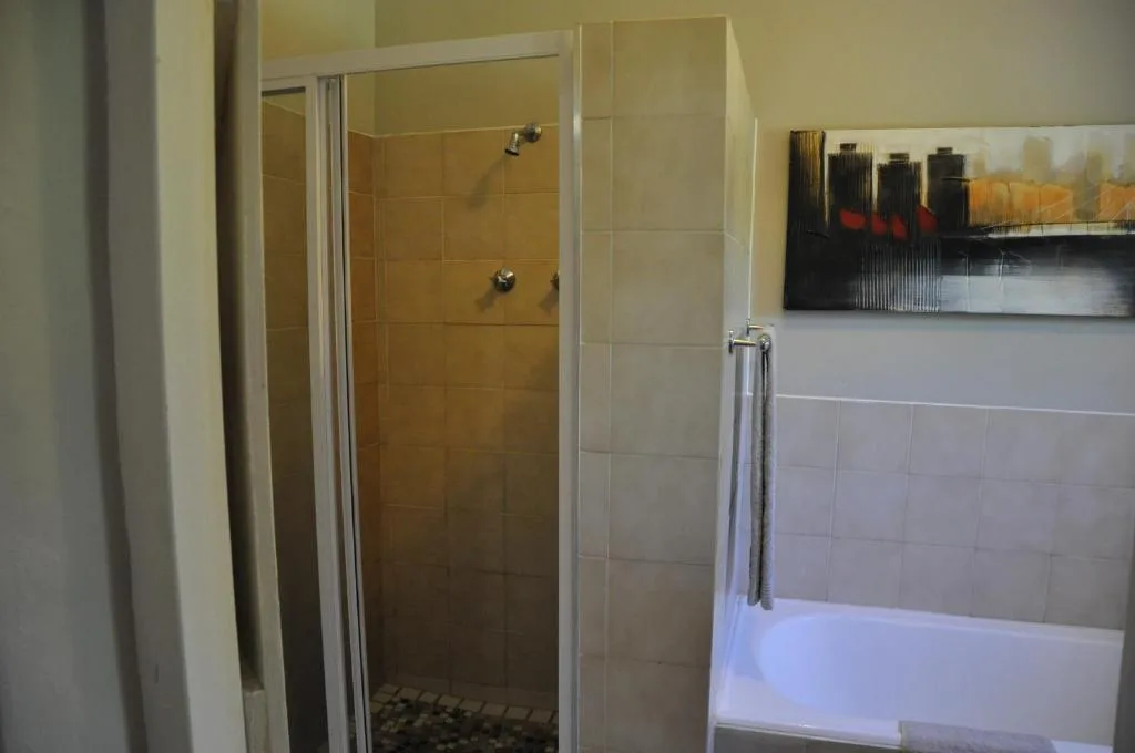 Modern bathroom with enclosed shower stall and bathtub with shower screen