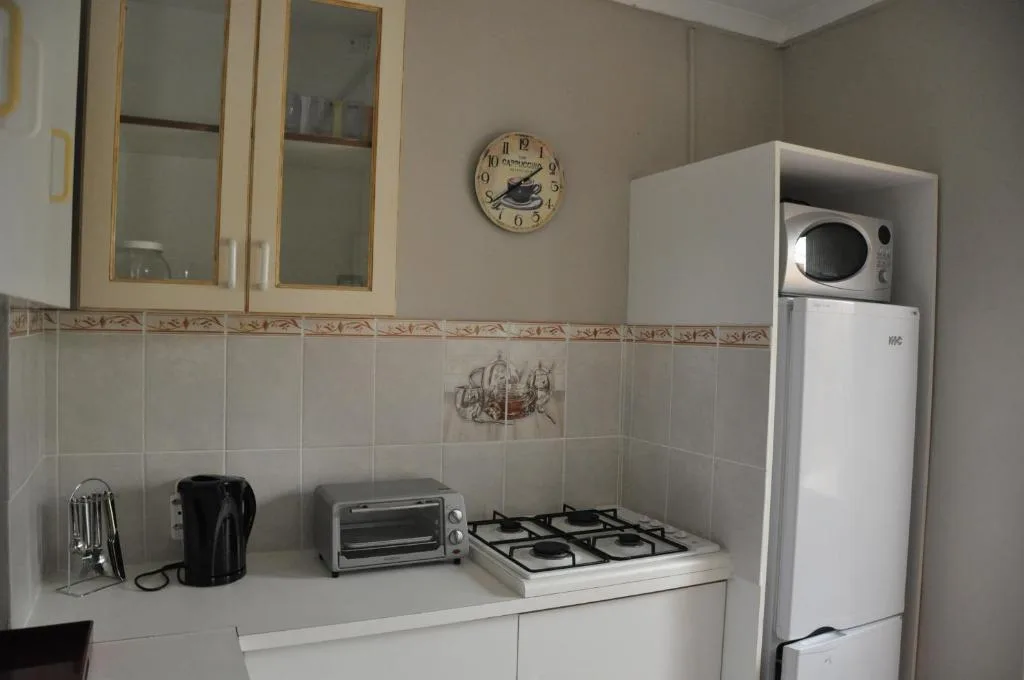 Compact kitchen with gas stove, microwave, and white refrigerator appliances