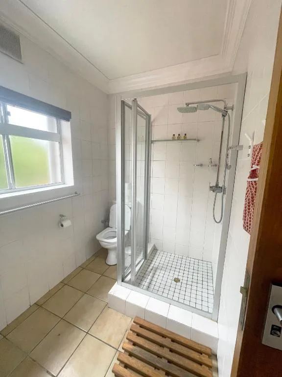 Bright bathroom with walk-in shower, toilet, and window with natural light