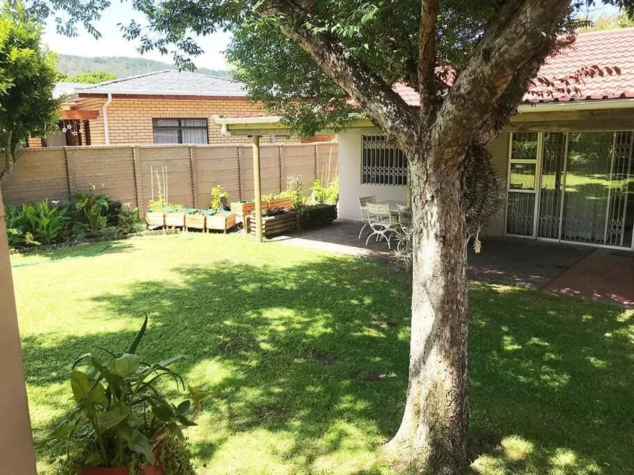 Spacious garden with mature tree, lawn, and property buildings visible