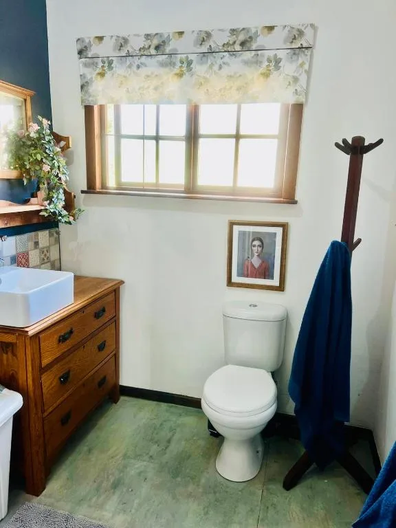 Bathroom with wooden vanity, white toilet, and decorative coat stand