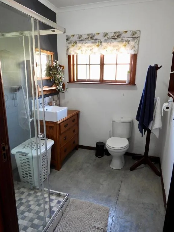 Spacious bathroom with shower, wooden vanity, toilet, and natural light