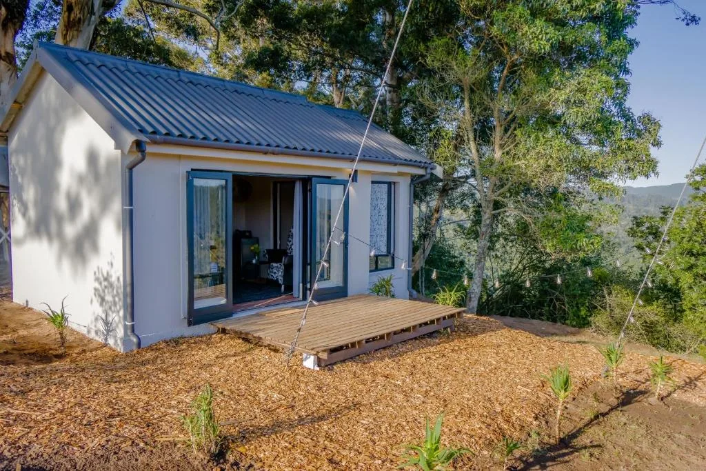 Modern white cottage with blue metal roof and wooden deck entrance