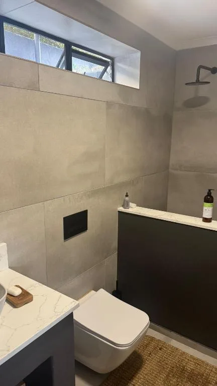 Modern bathroom with walk-in shower, toilet, and black vanity cabinet