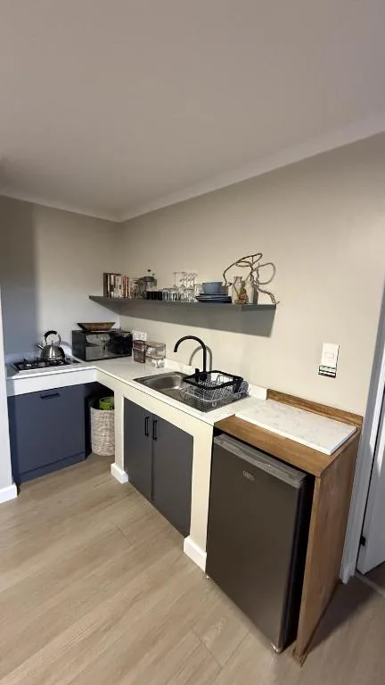 Modern kitchen with dark cabinetry, sink, and floating shelf storage
