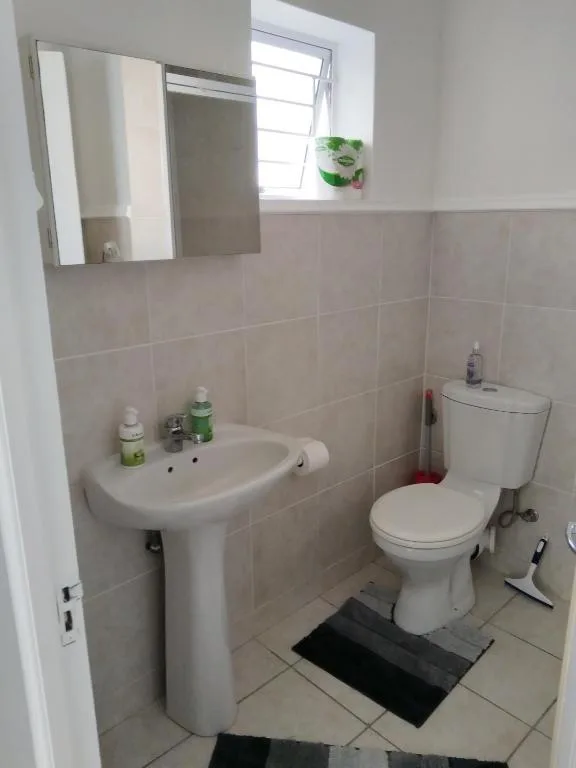 Clean bathroom with pedestal sink, toilet, and mirror cabinet above vanity