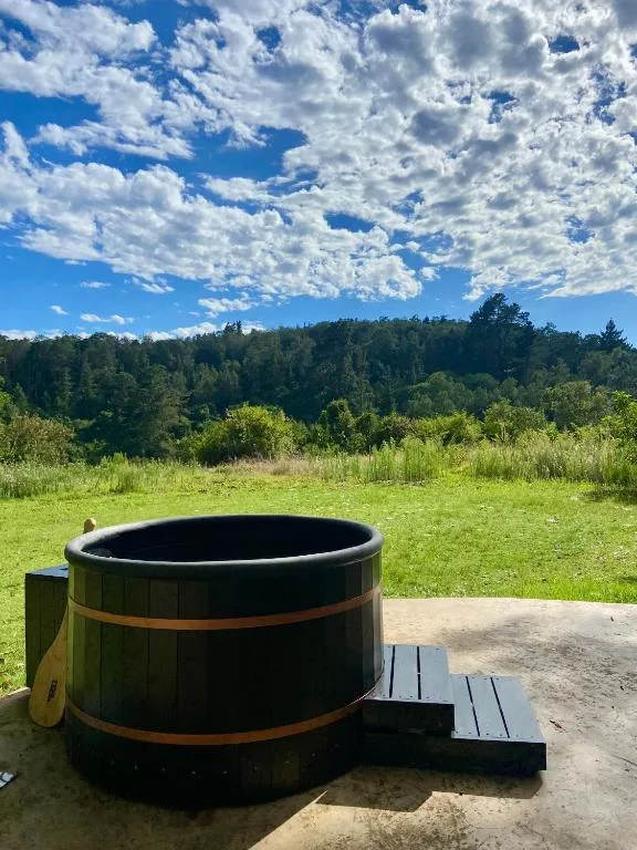 Wooden hot tub with forest and green meadow view behind it