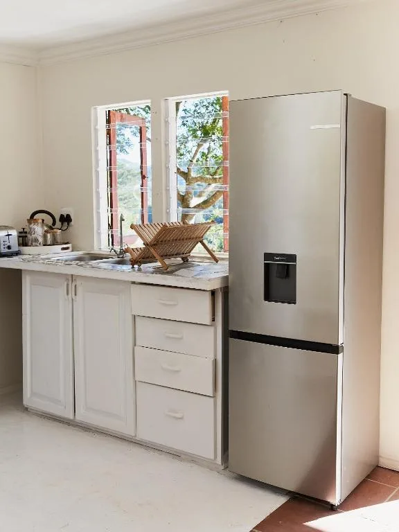 Modern kitchen with stainless steel fridge and white cabinetry, garden view windows