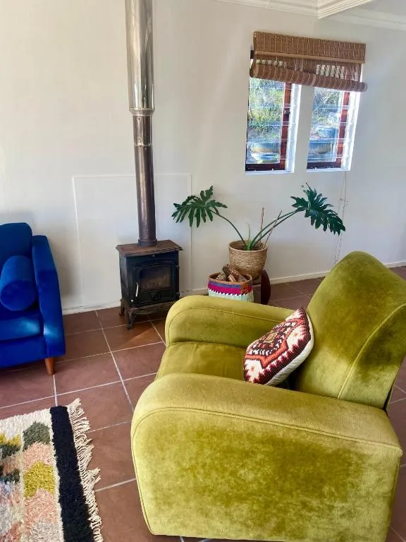 Bright lounge with lime-green armchair, wood-burning stove, potted plants