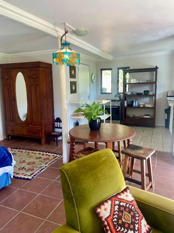 Open-plan lounge with green armchair, wooden dining table, and vintage decor