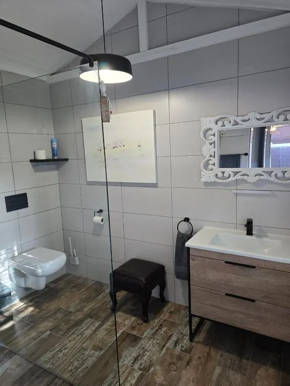 Modern bathroom with walk-in shower, vanity sink, and decorative mirror