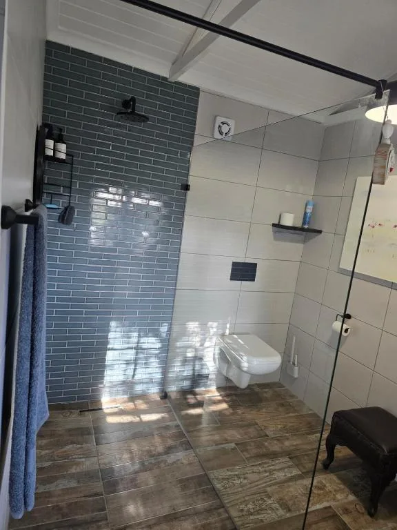 Modern bathroom with gray brick tile shower and white wall tiles