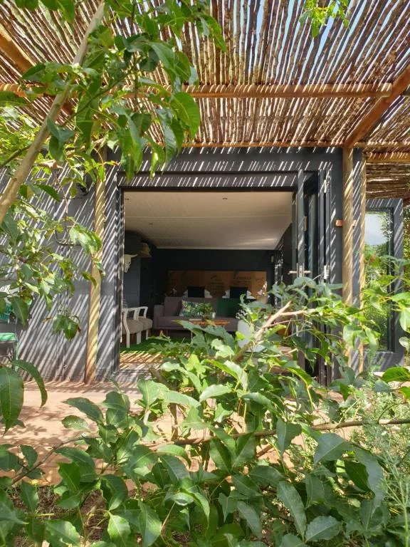 Shaded outdoor deck with slatted roof and lush plants, opening into studio interior