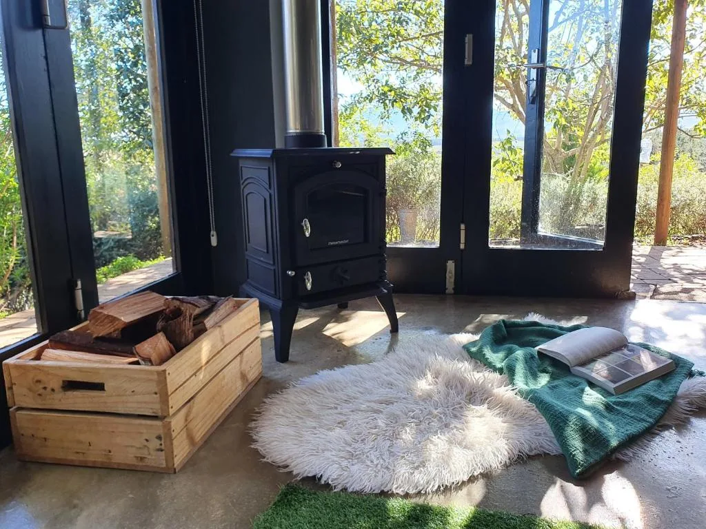 Modern lounge with black wood stove, sheepskin rug, and forest views