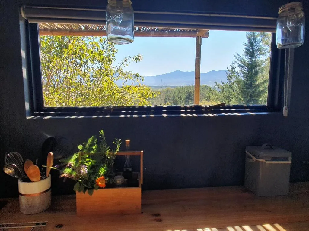 Mountain landscape vista framed by large interior window with forest backdrop